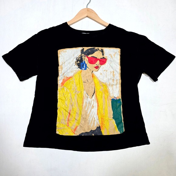 Meet Sixty Tops - Meet Sixty Graphic Tee Women Medium Black Pop Art Fashion Style Short Sleeve Top